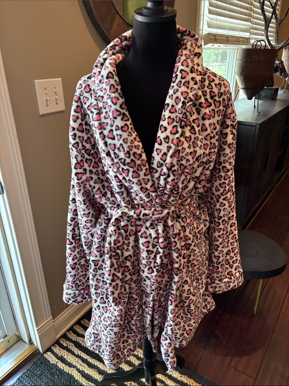 Plush Pink Leopard Print Shawl Robe with Belt